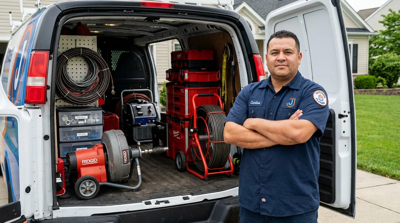 Professional drain cleaning equipment and Johns Plumbing LLC plumber in DeWitt