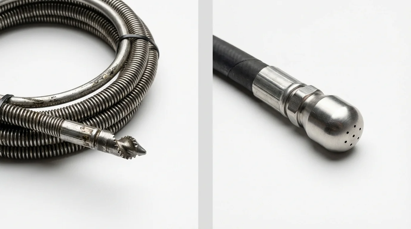 Drain snake cable and hydro jetting nozzle used for drain cleaning in DeWitt, MI