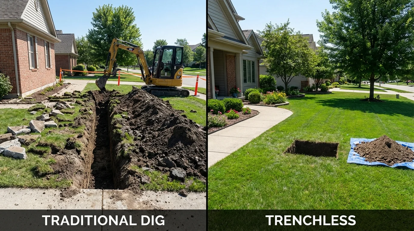 Trenchless sewer repair with minimal yard damage versus traditional excavation in DeWitt, MI