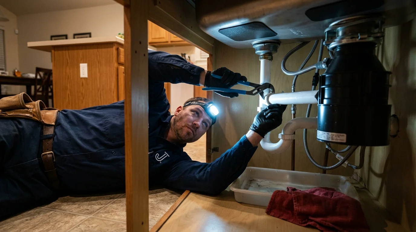P-trap and supply line connections under a kitchen sink showing a common leak point in DeWitt, MI